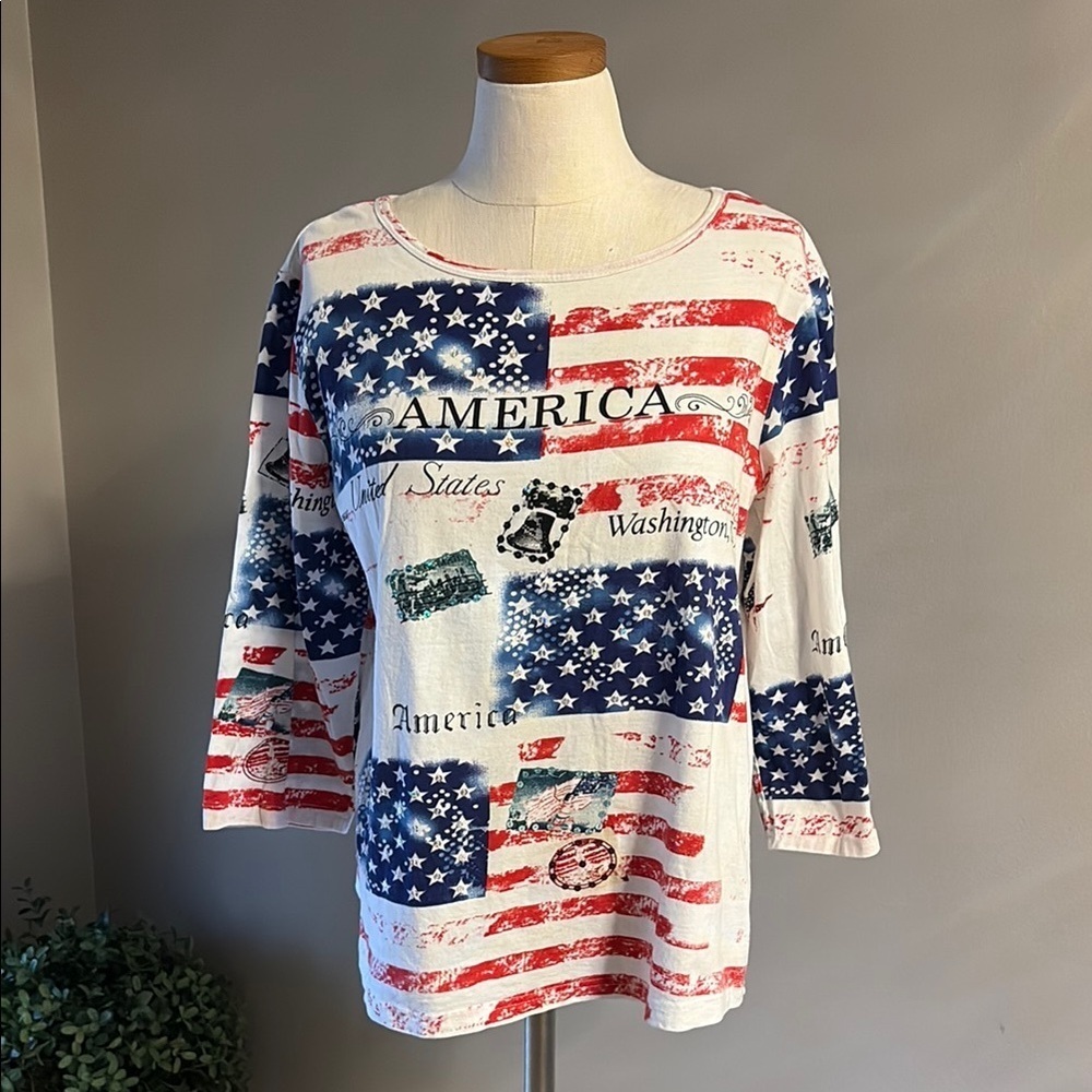 Patriotic American Flag sequins Women's liberty top 3/4 sleeve distressed L